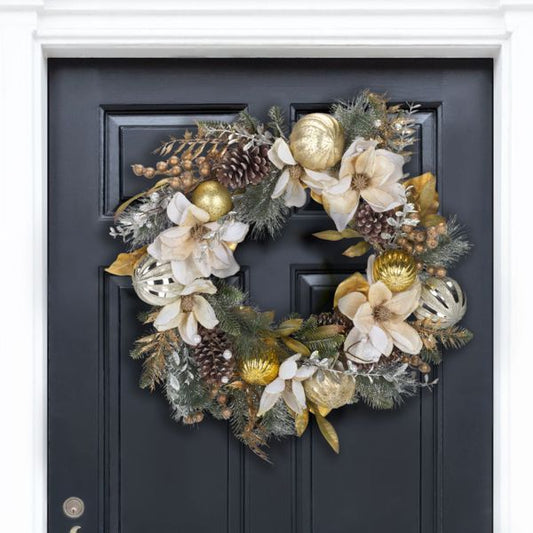 28" White Poinsettia Pine Wreath – Green & Gold Holiday Decor