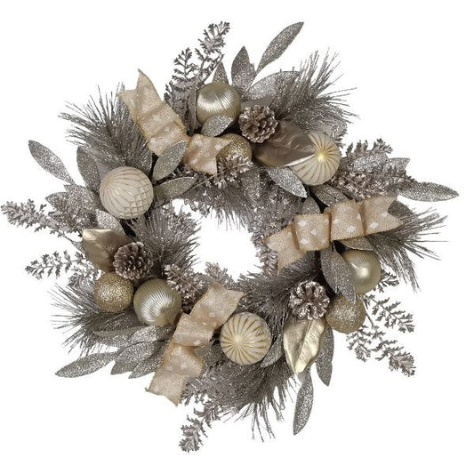 24-Inch Silver and Gold Champagne Rattan Wreath – Elegant Unlit Decorative Holiday Wreath for Home Fall & Winter Décor