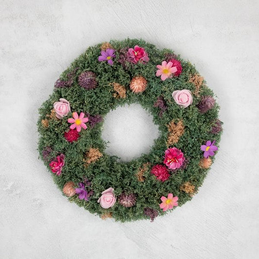 13" Mixed Floral Spring Wreath with Thistle Pink and Purple Accents