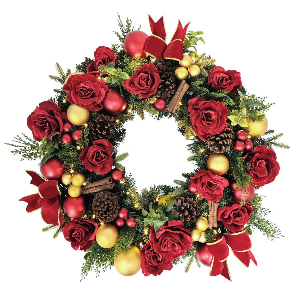 26-Inch Pre-Lit Artificial Rose and Pinecone Christmas Wreath