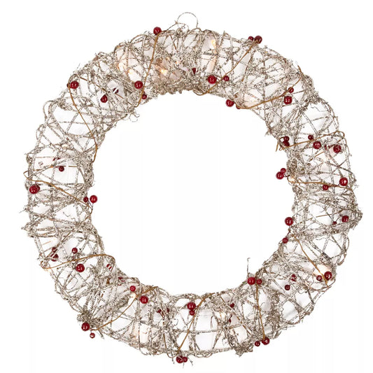 18 Inch Pre-Lit Champagne Gold Glittered Rattan Berry Christmas Wreath Clear Lights