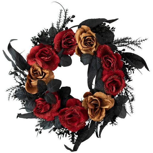 Roses Mixed Foliage Red Gold 22 Inch Halloween Artificial Wreath