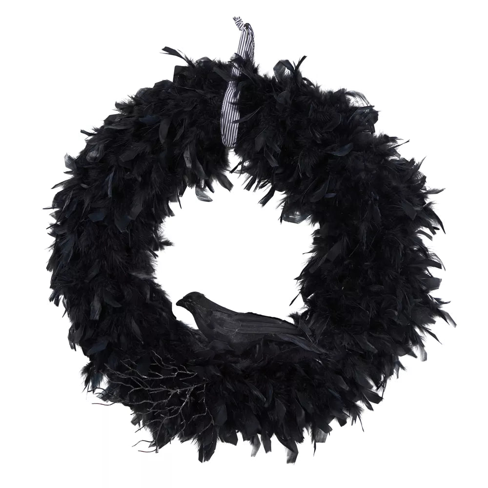 Nearly Natural 30-Inch Halloween Raven Feather Wreath – Black Feather Gothic Door Decoration