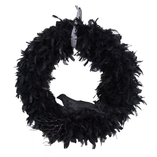 Nearly Natural 30-Inch Halloween Raven Feather Wreath – Black Feather Gothic Door Decoration