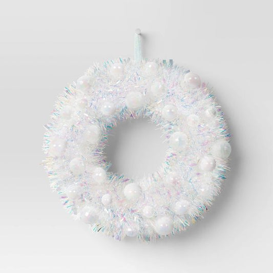 Iridescent Tinsel Christmas Wreath with Plastic Ornaments Shimmering Holiday Wall Décor