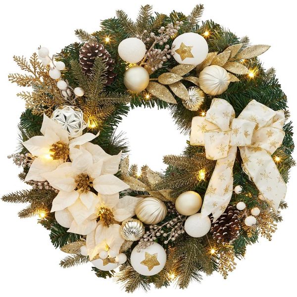 24" Pre-Lit Christmas Flower Wreath – Indoor/Outdoor Decor