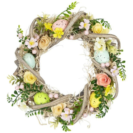 12" Artificial Easter Wreath with Flowers and Speckled Eggs Spring Door Decoration