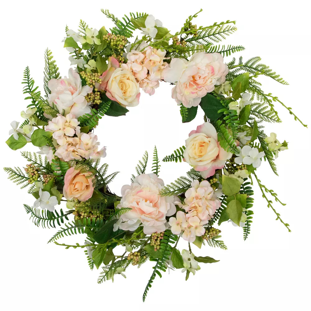 24-Inch Rose and Peony Fern Artificial Floral Spring Wreath - Pink