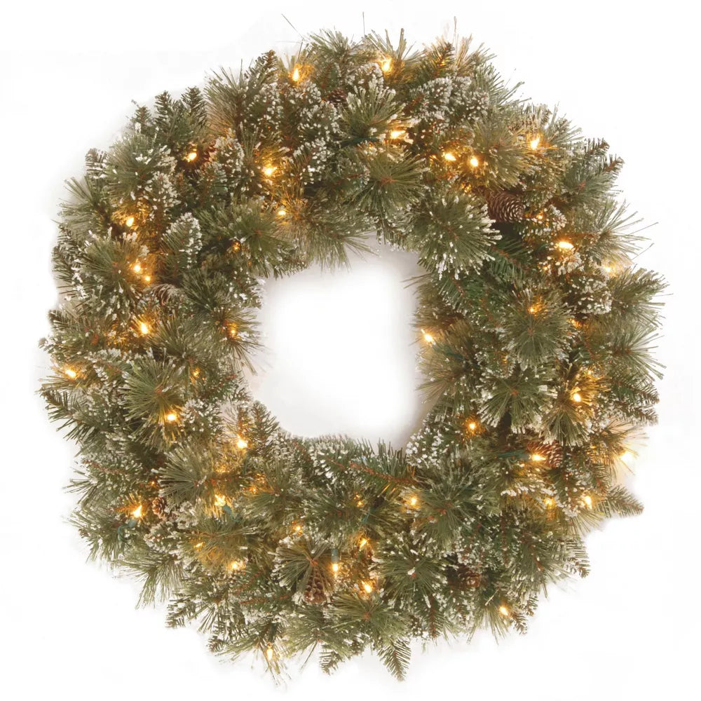 24 Inch Pre Lit Glittery Bristle Pine Artificial Christmas Wreath with Twinkly White Lights