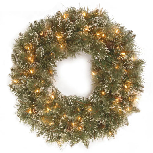 24 Inch Pre Lit Glittery Bristle Pine Artificial Christmas Wreath with Twinkly White Lights