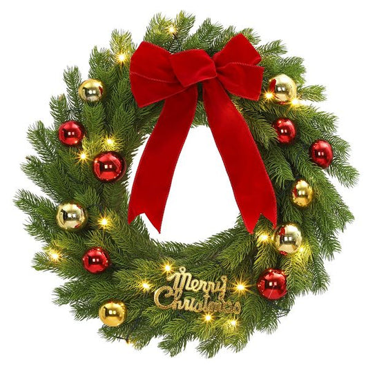 24 In Christmas Wreath Pre-Lit LED Lights Red Bow Balls Decor