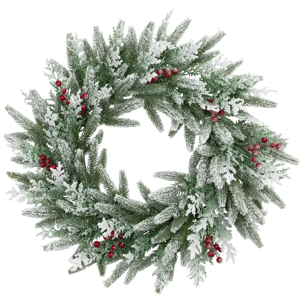 24 Inch Real Touch Flocked Wind River Fir with Berries Artificial Christmas Wreath Unlit