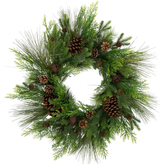 26 Inch Real Touch Pinecones and Jingle Bells Artificial Christmas Wreath Unlit