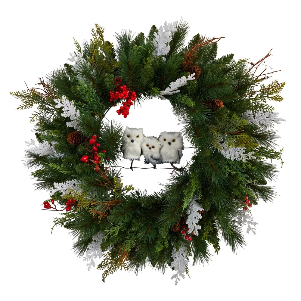 Nearly Natural 24-Inch Holiday Winter Owl Family Pinecone Berry Artificial Christmas Wreath