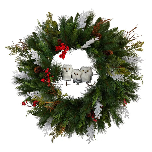 Nearly Natural 24-Inch Holiday Winter Owl Family Pinecone Berry Artificial Christmas Wreath