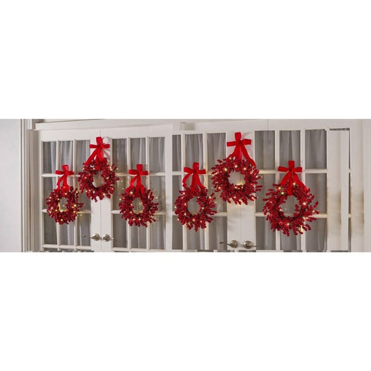 16" Red Berry Mini Wreaths with LED Lights – Set of 6