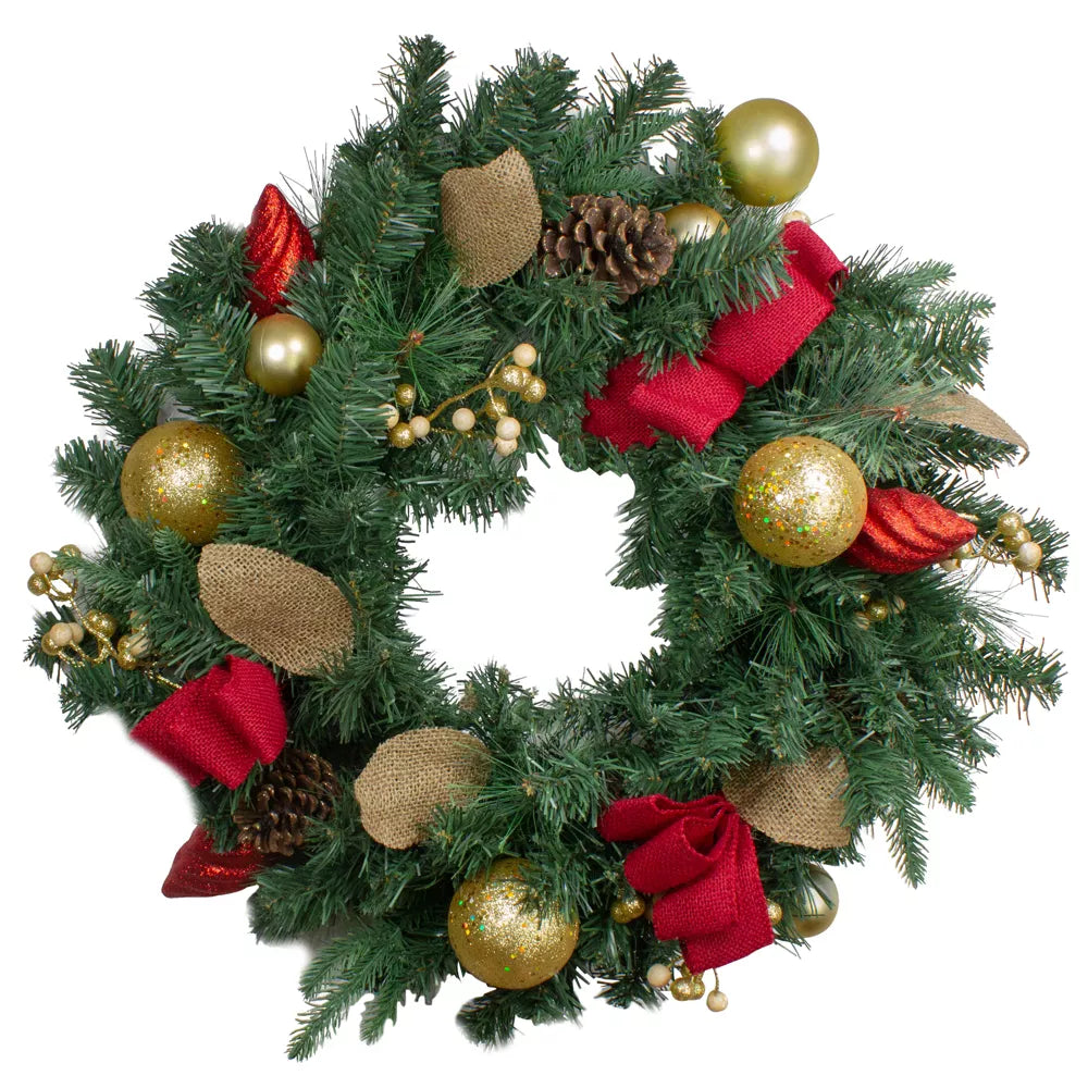 24-Inch Pre-Decorated Red and Gold Ornaments Artificial Christmas Wreath - Unlit