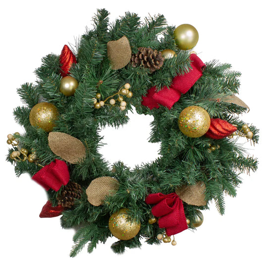 24-Inch Pre-Decorated Red and Gold Ornaments Artificial Christmas Wreath - Unlit