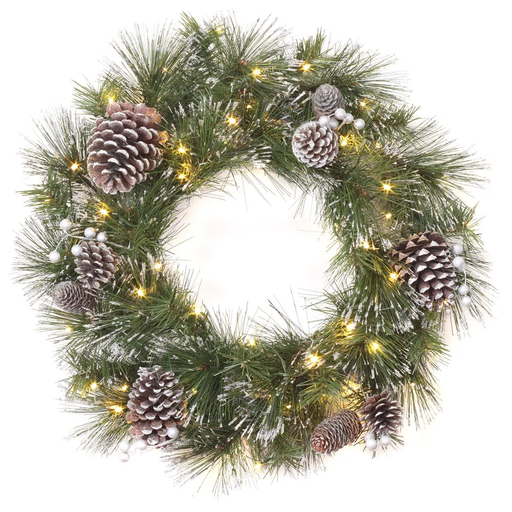 24-Inch Pre-Lit White Pine Wreath – Warm White LED Lights