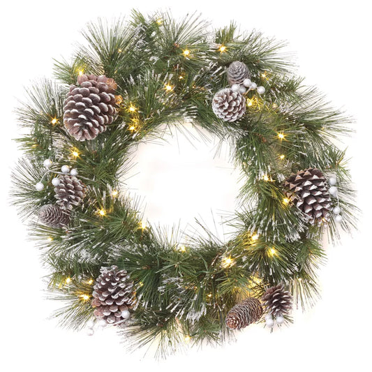24-Inch Pre-Lit White Pine Wreath – Warm White LED Lights