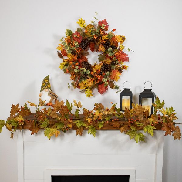 Berries and Pine Cones Artificial Maple Leaf Fall Harvest Wreath 26 Inch