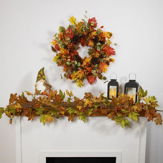 Berries and Pine Cones Artificial Maple Leaf Fall Harvest Wreath 26 Inch