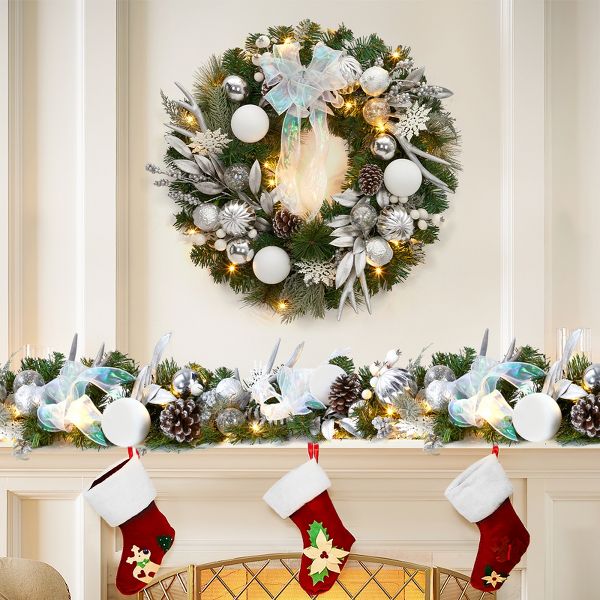 24" Pre-Lit Christmas Wreath with Pine Cones & Bow