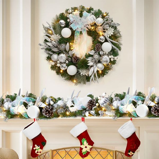24" Pre-Lit Christmas Wreath with Pine Cones & Bow