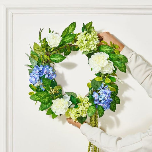 23" Blue and White Floral Wreath with Hydrangeas Roses & Berries Décor