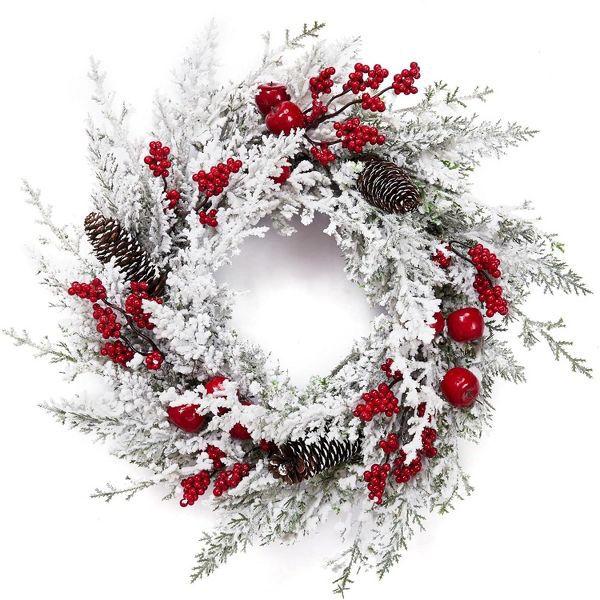 18" Snow Flocked Christmas Wreath with Red Apples and Pine Cones