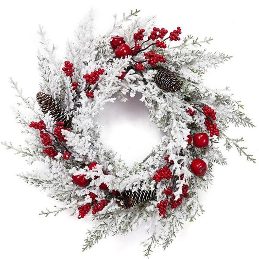 18" Snow Flocked Christmas Wreath with Red Apples and Pine Cones