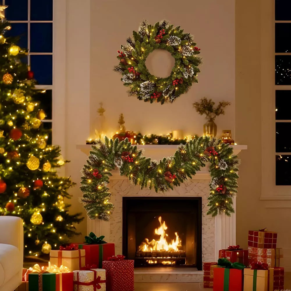 6-Piece Pre-Lit Christmas Wreath and Garland Set with LED Lights