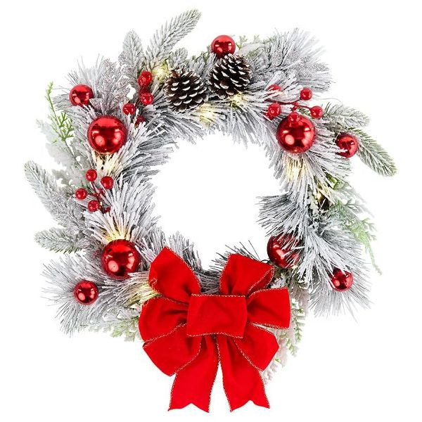 Christmas Snow Frosted Pine Wreath with Red Accents 18 Inch