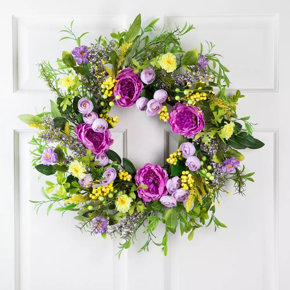 24 Inch Peony Mixed Floral Springtime Wreath Purple and Yellow