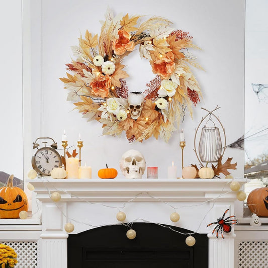 22 Inch Artificial Halloween Wreath with White Pumpkins, Roses & Maple Leaves – Indoor/Outdoor Decoration