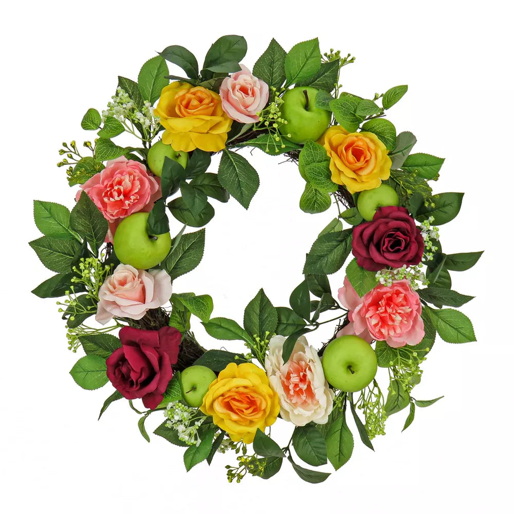 Artificial Rose Peony Apple Wreath 22 Inch Woven Branch Base Seasonal Decoration