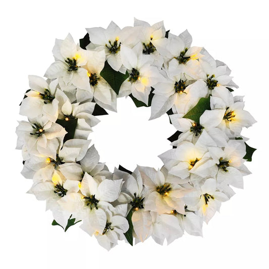 24-Inch Pre-Lit White Poinsettia Artificial Christmas Wreath – Battery Operated
