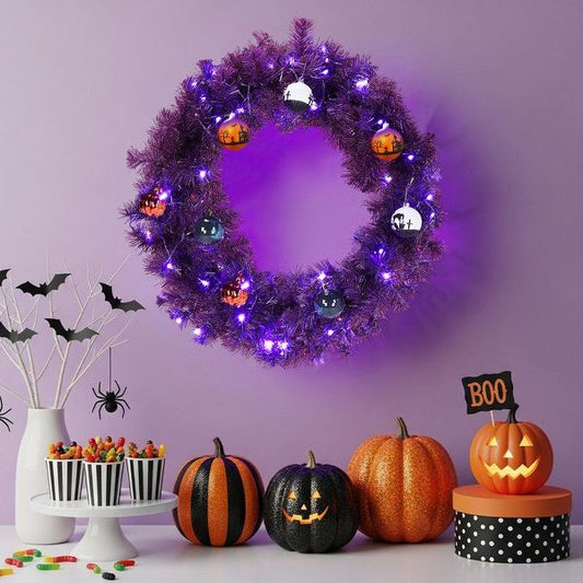24" Pre-Lit Halloween Christmas Wreath with Ball Ornaments Decor