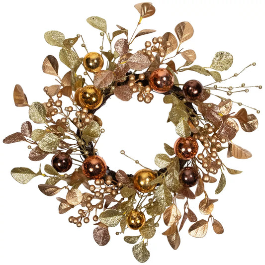 24 Inch Glitter Leaf Artificial Christmas Twig Wreath with Ball Ornaments Copper Unlit
