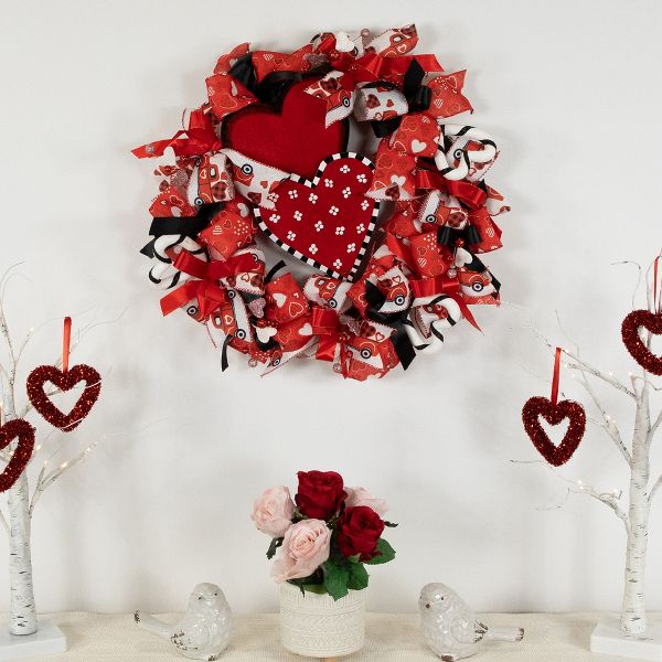 Ribbon and Twig Valentine's Day Wreath with Wooden Heart Accents 17 Inch