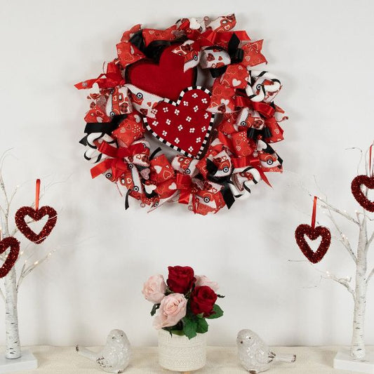 Ribbon and Twig Valentine's Day Wreath with Wooden Heart Accents 17 Inch