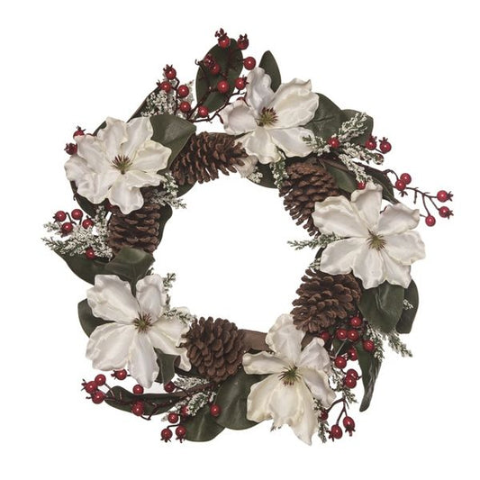 24" Faux Boxwood & Berry Wreath – Green & Blue Decor