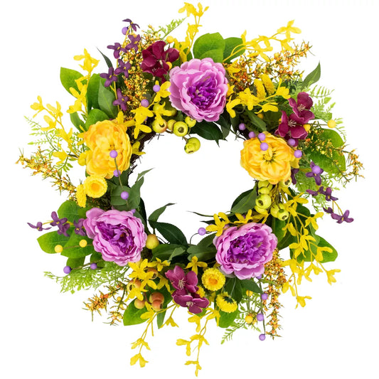 24 Inch Peonies and Forsythia Spring Wreath Yellow and Purple