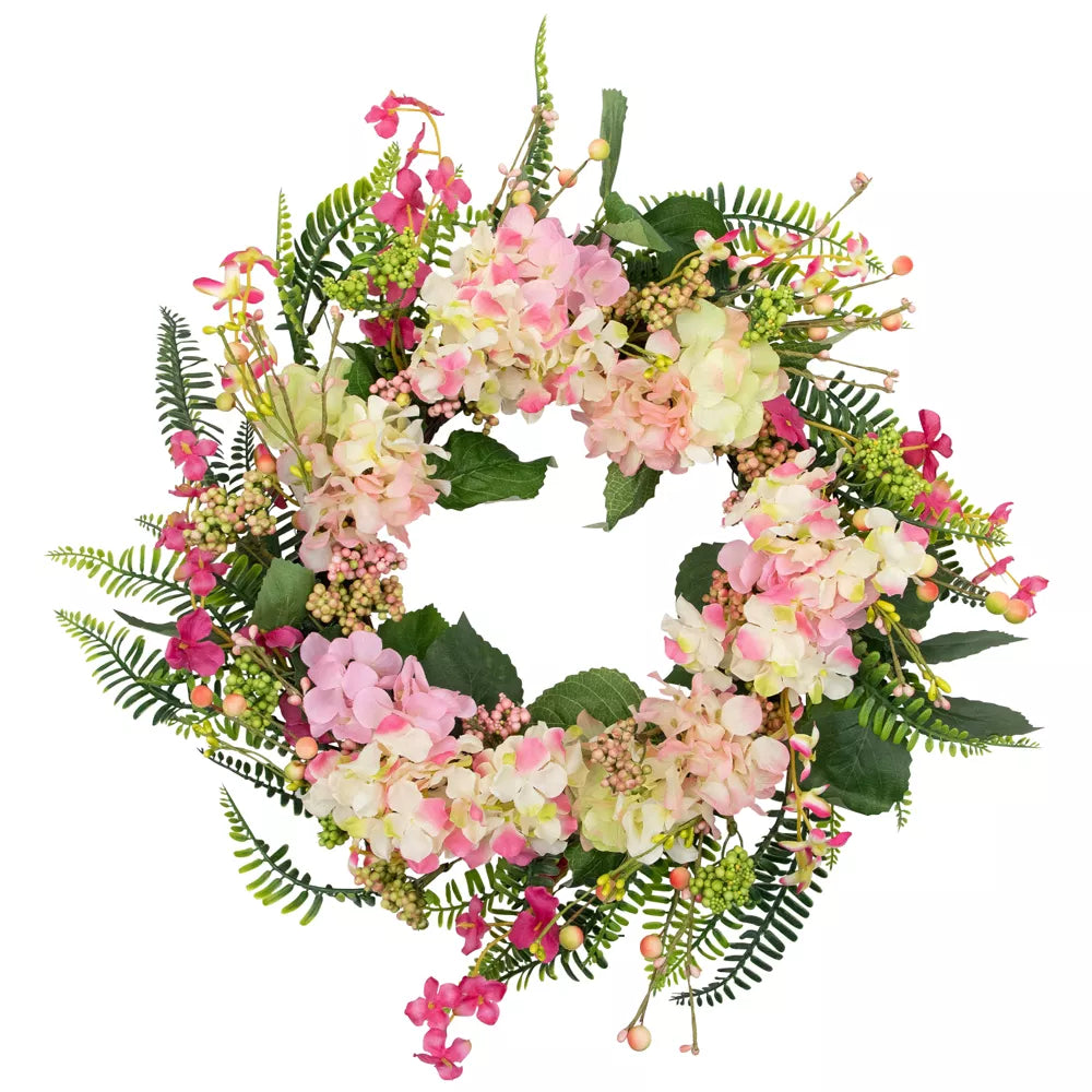 20 Inch Pink Hydrangea Berry and Fern Artificial Spring Floral Wreath