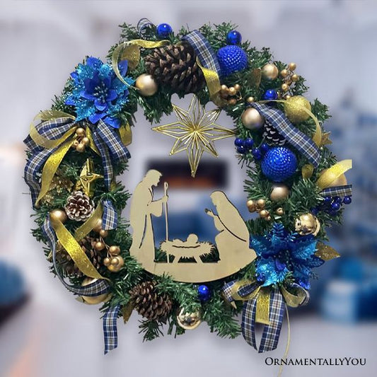 Decorous Nativity Christmas Wreath Blue Gold Poinsettias Door Decor