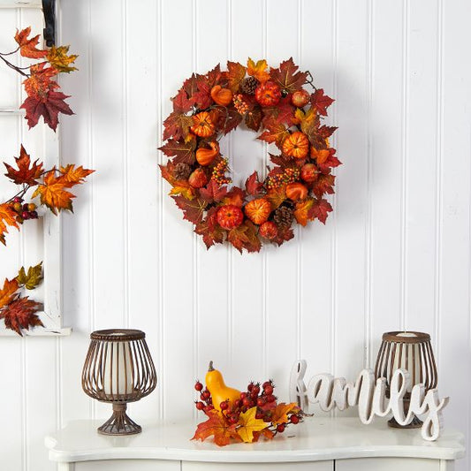 24" Autumn Wreath with Maple Leaves, Pumpkin & Berries