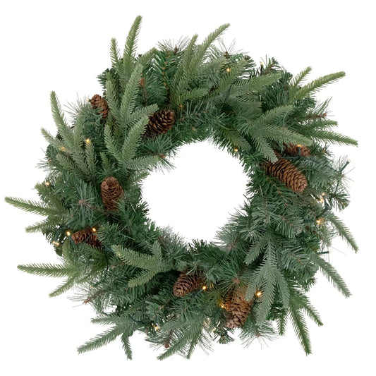 24" Pre-Lit Battery Operated Mixed Pine and Pinecone Christmas Wreath with Warm White LED Lights