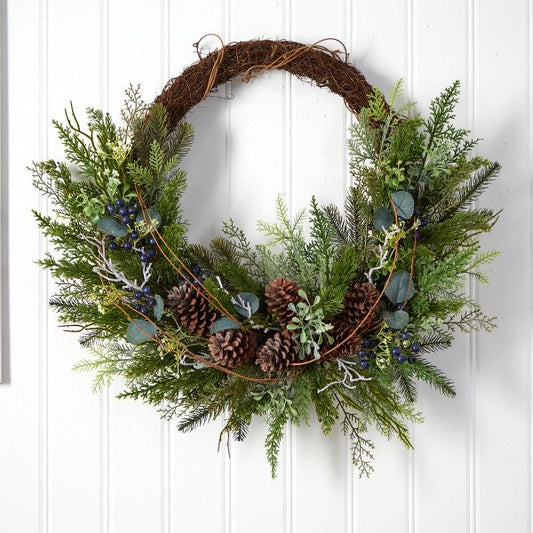 30-Inch Pine and Pinecone Artificial Christmas Wreath on Twig Ring – Holiday Door Decoration