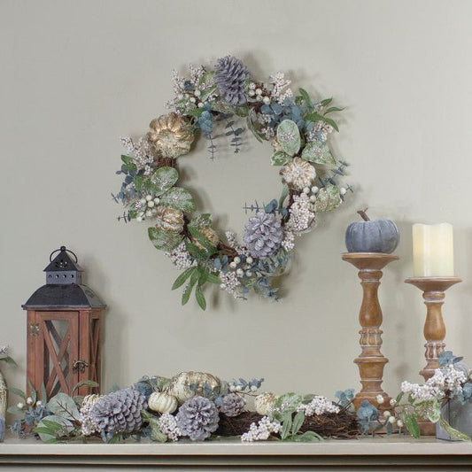 18 Inch Neutral Pumpkin and Pine Cone Fall Harvest Wreath