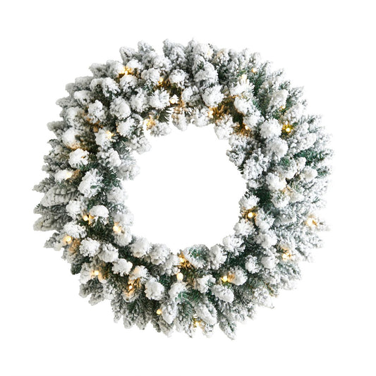 Nearly Natural 24" Flocked Artificial Christmas Wreath with 160 Bendable Branches & 35 Warm White LED Lights